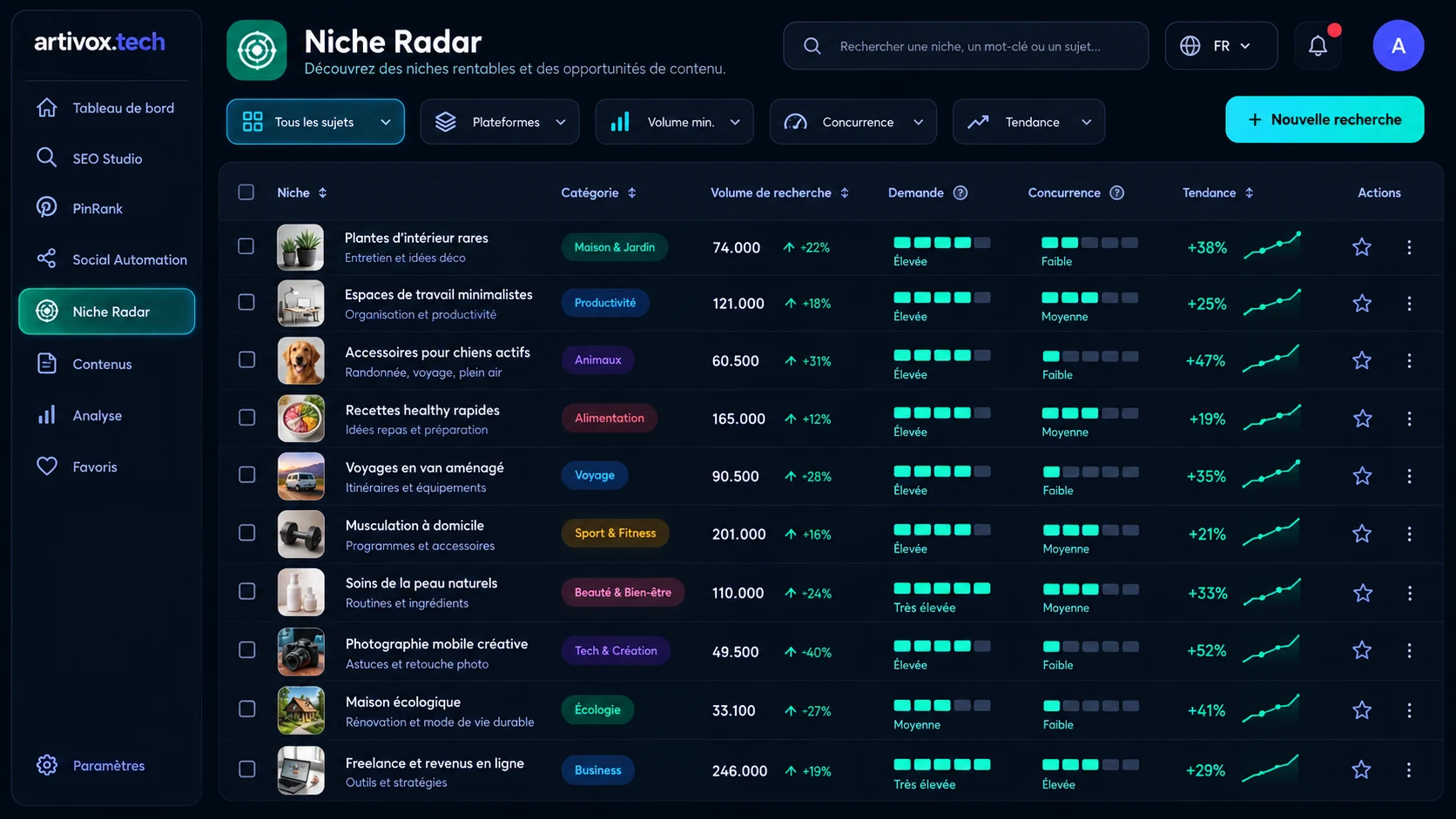 Aperçu illustratif de l’interface Niche Radar